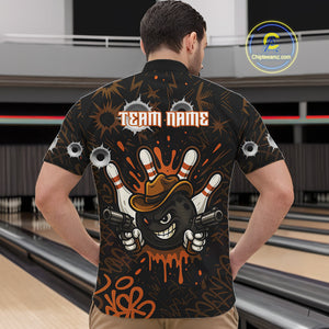 Funny Black and Orange Bowling Cowboy gun Men bowling polo, 1/4 zip shirts Custom bowling team jersey NQS10688