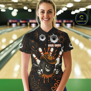 Funny Black & Orange Bowling Cowboy gun Women bowling polo, 1/4 zip shirt Custom bowling team jersey NQS10688