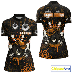 Funny Black & Orange Bowling Cowboy gun Women bowling polo, 1/4 zip shirt Custom bowling team jersey NQS10688
