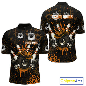 Funny Black and Orange Bowling Cowboy gun Men bowling polo, 1/4 zip shirts Custom bowling team jersey NQS10688