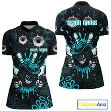 Load image into Gallery viewer, Black and Cyan Blue Bowling Cowboy gun Women bowling polo, 1/4 zip shirt Custom bowling team jersey NQS10689