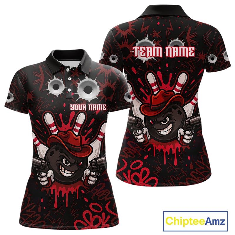 Funny Black and Red Bowling Cowboy gun Women bowling polo, 1/4 zip shirt Custom bowling team jersey NQS10690