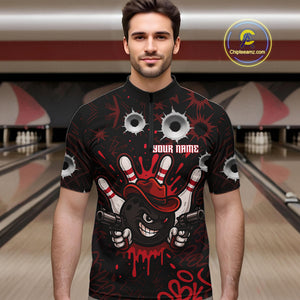 Funny Black and Red Bowling Cowboy gun Men bowling polo, 1/4 zip shirts Custom bowling team jersey NQS10690