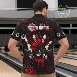 Funny Black and Red Bowling Cowboy gun Men bowling polo, 1/4 zip shirts Custom bowling team jersey NQS10690
