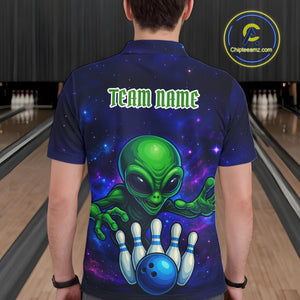 Funny Galaxy Alien Bowling Polo, 1/4 Zip Shirt For Men Custom Bowling Team Outfit, Gift For Bowler NQS10729