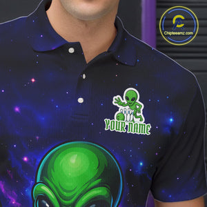 Funny Galaxy Alien Bowling Polo, 1/4 Zip Shirt For Men Custom Bowling Team Outfit, Gift For Bowler NQS10729