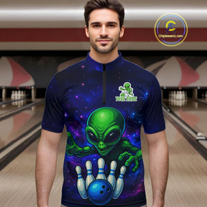 Funny Galaxy Alien Bowling Polo, 1/4 Zip Shirt For Men Custom Bowling Team Outfit, Gift For Bowler NQS10729