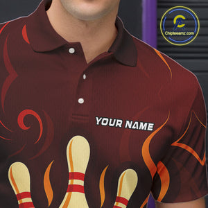 Red Flame Tribal Bowling Polo, Quarter Zip Shirts for Men Custom Team Bowling League Jerseys NQS10747
