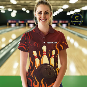 Red Flame Tribal Bowling Polo, Quarter Zip Shirts for Women Custom Team Bowling League Jerseys NQS10747