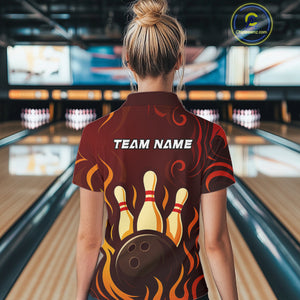 Red Flame Tribal Bowling Polo, Quarter Zip Shirts for Women Custom Team Bowling League Jerseys NQS10747