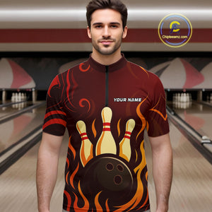 Red Flame Tribal Bowling Polo, Quarter Zip Shirts for Men Custom Team Bowling League Jerseys NQS10747