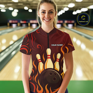 Red Flame Tribal Bowling Polo, Quarter Zip Shirts for Women Custom Team Bowling League Jerseys NQS10747