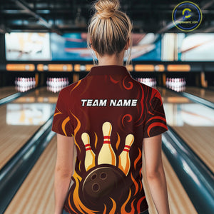 Red Flame Tribal Bowling Polo, Quarter Zip Shirts for Women Custom Team Bowling League Jerseys NQS10747
