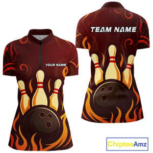 Red Flame Tribal Bowling Polo, Quarter Zip Shirts for Women Custom Team Bowling League Jerseys NQS10747