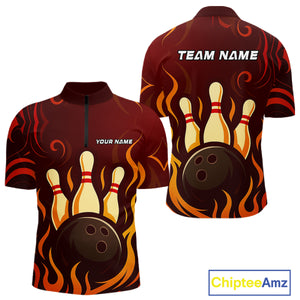 Red Flame Tribal Bowling Polo, Quarter Zip Shirts for Men Custom Team Bowling League Jerseys NQS10747