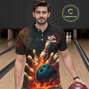 Red Flame Bowling Polo, Quarter Zip Shirts for Men Custom Team Bowling Outfit, Gift for Bowlers NQS10752