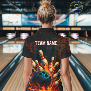 Red Flame Bowling Polo, Quarter Zip Shirts for Women Custom Team Bowling Outfit, Gift for Bowlers NQS10752