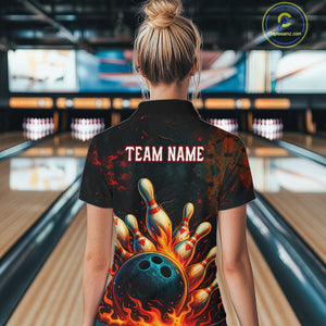 Red Flame Bowling Polo, Quarter Zip Shirts for Women Custom Team Bowling Outfit, Gift for Bowlers NQS10752