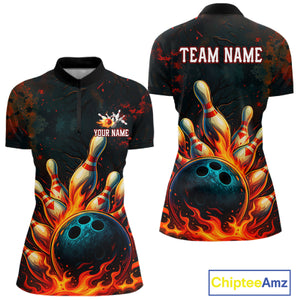Red Flame Bowling Polo, Quarter Zip Shirts for Women Custom Team Bowling Outfit, Gift for Bowlers NQS10752