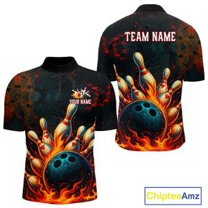 Red Flame Bowling Polo, Quarter Zip Shirts for Men Custom Team Bowling Outfit, Gift for Bowlers NQS10752