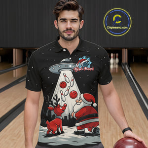 Funny Santa UFO Alien Black Bowling Polo, 1/4 Zip Shirts For Men Custom Christmas Team Bowling Jersey NQS10766