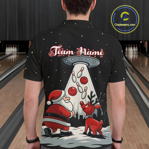 Funny Santa UFO Alien Black Bowling Polo, 1/4 Zip Shirts For Men Custom Christmas Team Bowling Jersey NQS10766