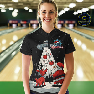 Funny Santa UFO Alien Black Women Bowling Polo, 1/4 Zip Shirts Custom Christmas Team Bowling Jersey NQS10766