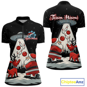 Funny Santa UFO Alien Black Women Bowling Polo, 1/4 Zip Shirts Custom Christmas Team Bowling Jersey NQS10766