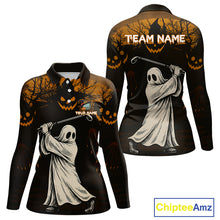 Load image into Gallery viewer, Funny black and orange Ghost Golfer Halloween Golf Polo Shirt For Women Custom golf attire for ladies NQS10767