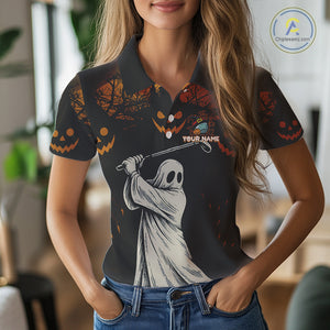 Funny black and orange Ghost Golfer Halloween Golf Polo Shirt For Women Custom golf attire for ladies NQS10767