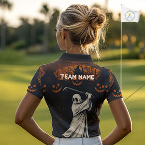 Funny black and orange Ghost Golfer Halloween Golf Polo Shirt For Women Custom golf attire for ladies NQS10767