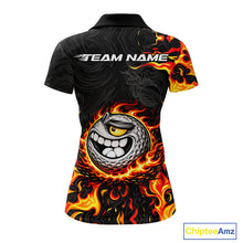 Load image into Gallery viewer, Funny Angry Golf Ball Golf Polo Shirts For Women Custom Black and Orange Flame ladies golf apparel NQS11684