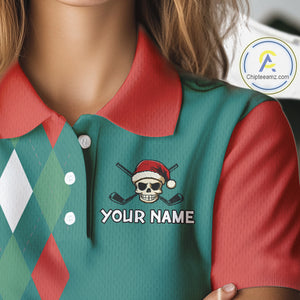Green, Red & White Christmas argyle pattern Skull Golf Polo Shirt For Women Custom ladies golf outfit NQS10770
