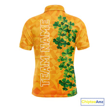 Load image into Gallery viewer, Orange pattern Green clovers St Patrick's Day Mens Golf Polo shirts Custom best golf gifts for men NQS11697