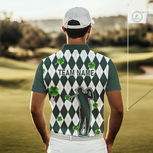 Green argyle pattern lucky shamrock Golf Polo Shirt For Men Custom St. Patrick's mens golf outfit NQS10775