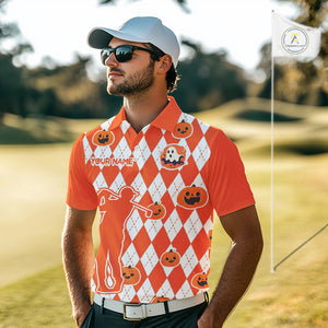 Orange argyle pattern pumpkin Golf Polo Shirt For Men Custom Halloween mens golf outfit NQS10776