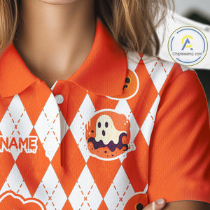Orange argyle pattern pumpkin Golf Polo Shirt For Women Custom Halloween ladies golf outfit NQS10776
