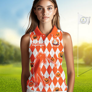 Orange argyle pattern pumpkin Golf Sleeveless Polo Shirt Custom Halloween ladies golf outfit NQS10776