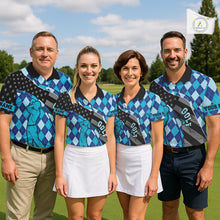 Load image into Gallery viewer, Personalized golf polo shirts for Women blue argyle pattern black American Flag patriotic golf shirts NQS11368