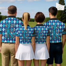 Load image into Gallery viewer, Personalized golf polo shirts for Women blue argyle pattern black American Flag patriotic golf shirts NQS11368