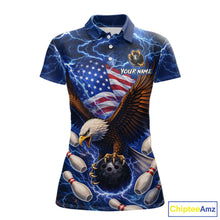 Load image into Gallery viewer, Blue Lightning Thunder US Flag Eagle Bowling Shirts for Women Custom Patriotic Team Bowling Jerseys NQS11580