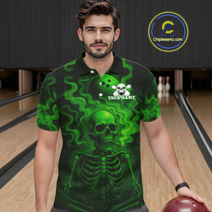 Custom Green Smoke Skull Bowling Polo, Quarter Zip Shirts For Men, Skull Team Bowling Jersey NQS10798
