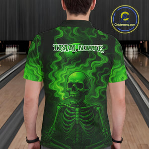 Custom Green Smoke Skull Bowling Polo, Quarter Zip Shirts For Men, Skull Team Bowling Jersey NQS10798