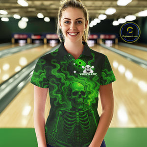 Custom Green Smoke Skull Bowling Polo, Quarter Zip Shirts For Women, Skull Team Bowling Jersey NQS10798