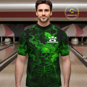 Custom Green Smoke Skull Bowling Polo, Quarter Zip Shirts For Men, Skull Team Bowling Jersey NQS10798