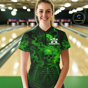 Custom Green Smoke Skull Bowling Polo, Quarter Zip Shirts For Women, Skull Team Bowling Jersey NQS10798