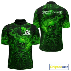 Custom Green Smoke Skull Bowling Polo, Quarter Zip Shirts For Men, Skull Team Bowling Jersey NQS10798