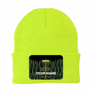 Green Forest Disc Golf basket custom name Rectangle Patch Disc Golf Knit Beanie Hat NQS10802