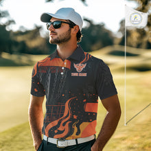 Load image into Gallery viewer, Black and Orange Flame Disc Golf basket Mens Disc golf polo shirts Custom team disc golf outfit NQS10811
