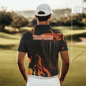 Black and Orange Flame Disc Golf basket Mens Disc golf polo shirts Custom team disc golf outfit NQS10811